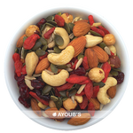 Raw foods mix of almonds, cashews, goji, cranberries, hazelnuts, sunflower and pumpkin seeds